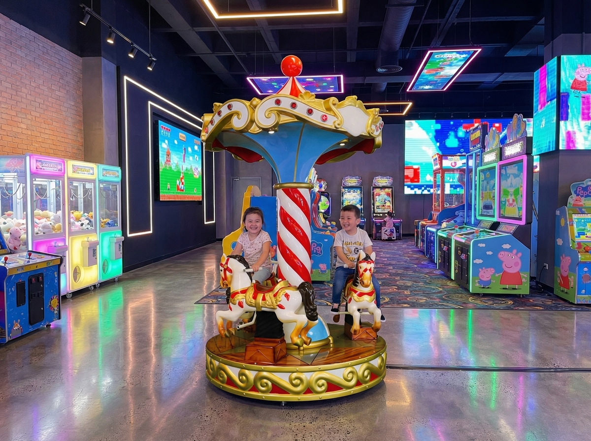 Due bambini sulla giostra a cavalli Memopark